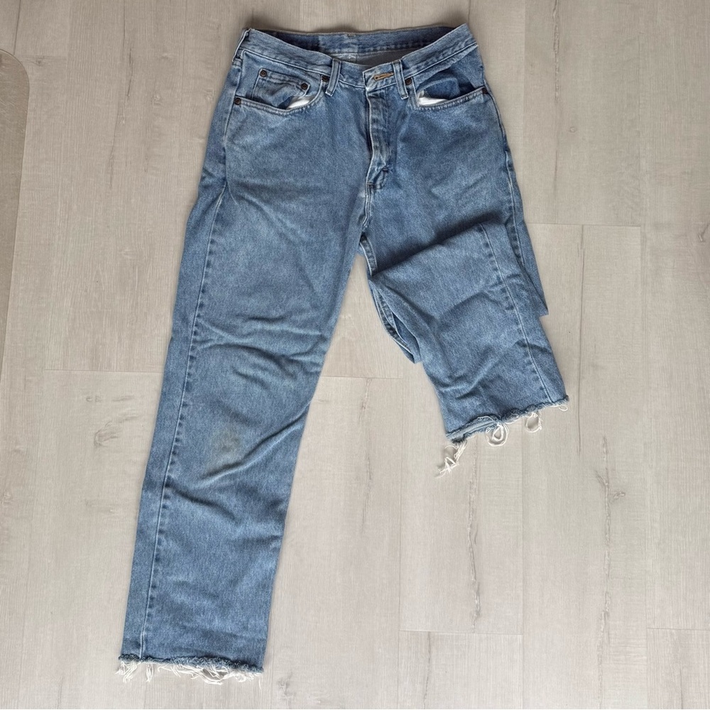 Distressed Fringed Blue Denim Jeans